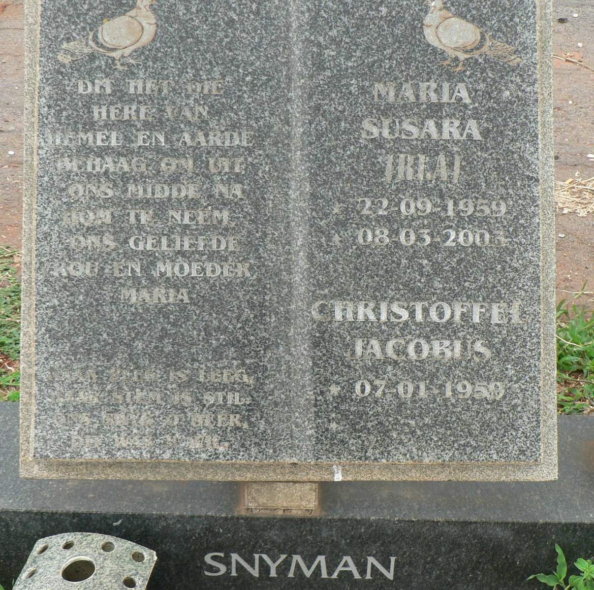 SNYMAN Christoffel Jacobus 1959- &amp; Maria Susara 1959-2003