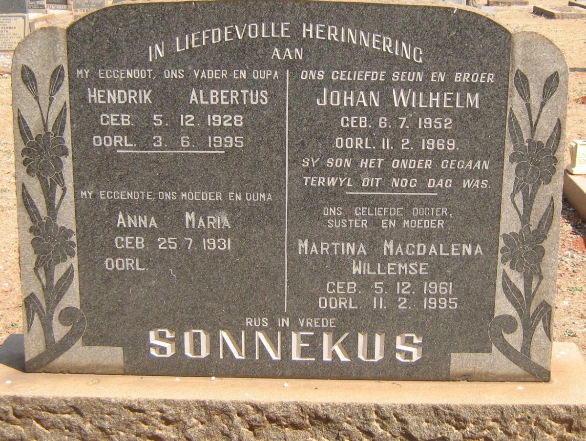 SONNEKUS Hendrik Albertus 1928-1995 &amp; Anna Maria 1931-  :: SONNEKUS Johan Wilhelm 1952-1969