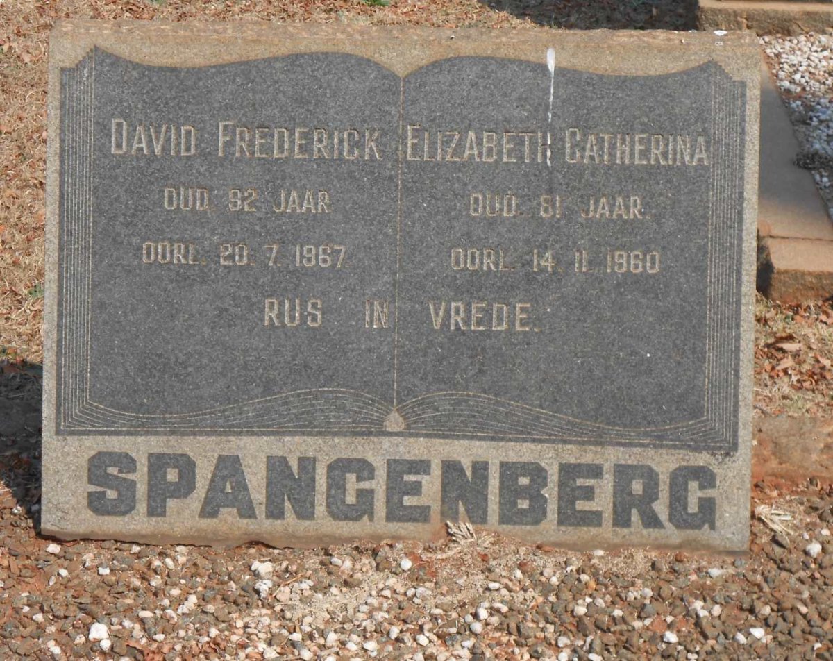 SPANGENBERG David Frederick -1967 &amp; Elizabeth Catherina -1960