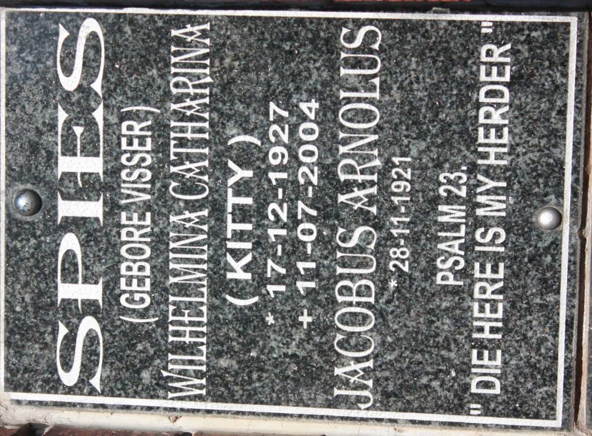 SPIES Jacobus Arnolus 1921- &amp; Wilhelmina Catharina VISSER 1927-2004