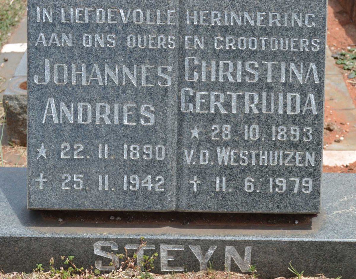 STEYN Johannes Andries 1890-1942 &amp; Christina Gertruida v.d. WESTHUIZEN 1893-1979