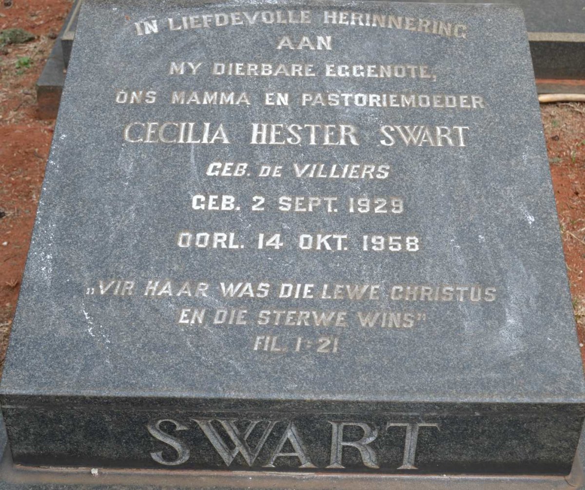 SWART Cecilia Hester, nee DE VILLIERS 1929-1958
