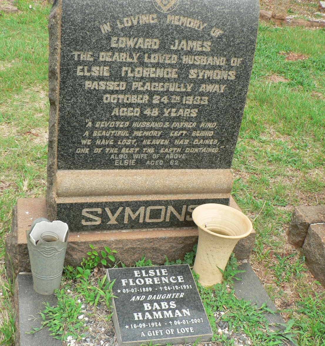 SYMONS Edward James -1933 &amp; Elsie -1889-1951 :: HAMMAN Babs 1924-2007