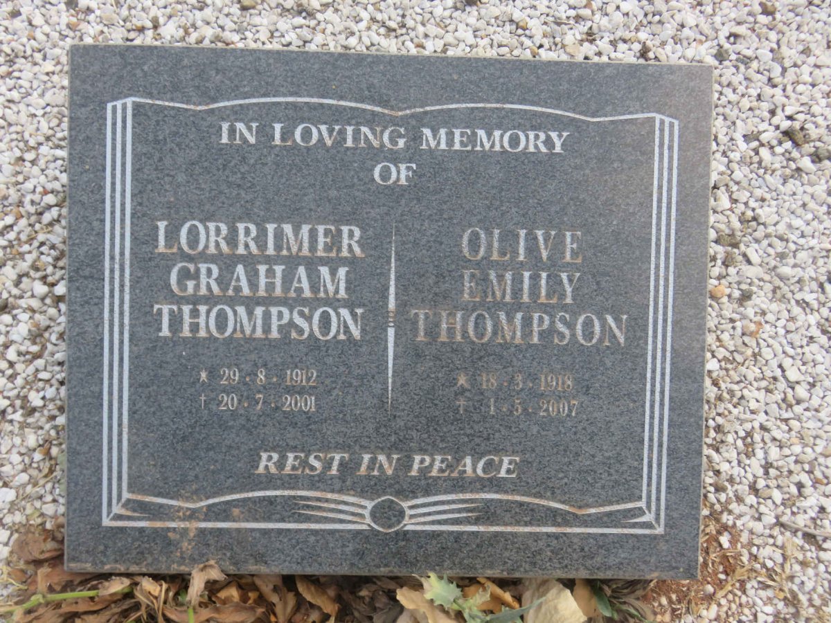 THOMPSON Lorrimer Graham 1912-2001 &amp; Olive Emily 1918-2007