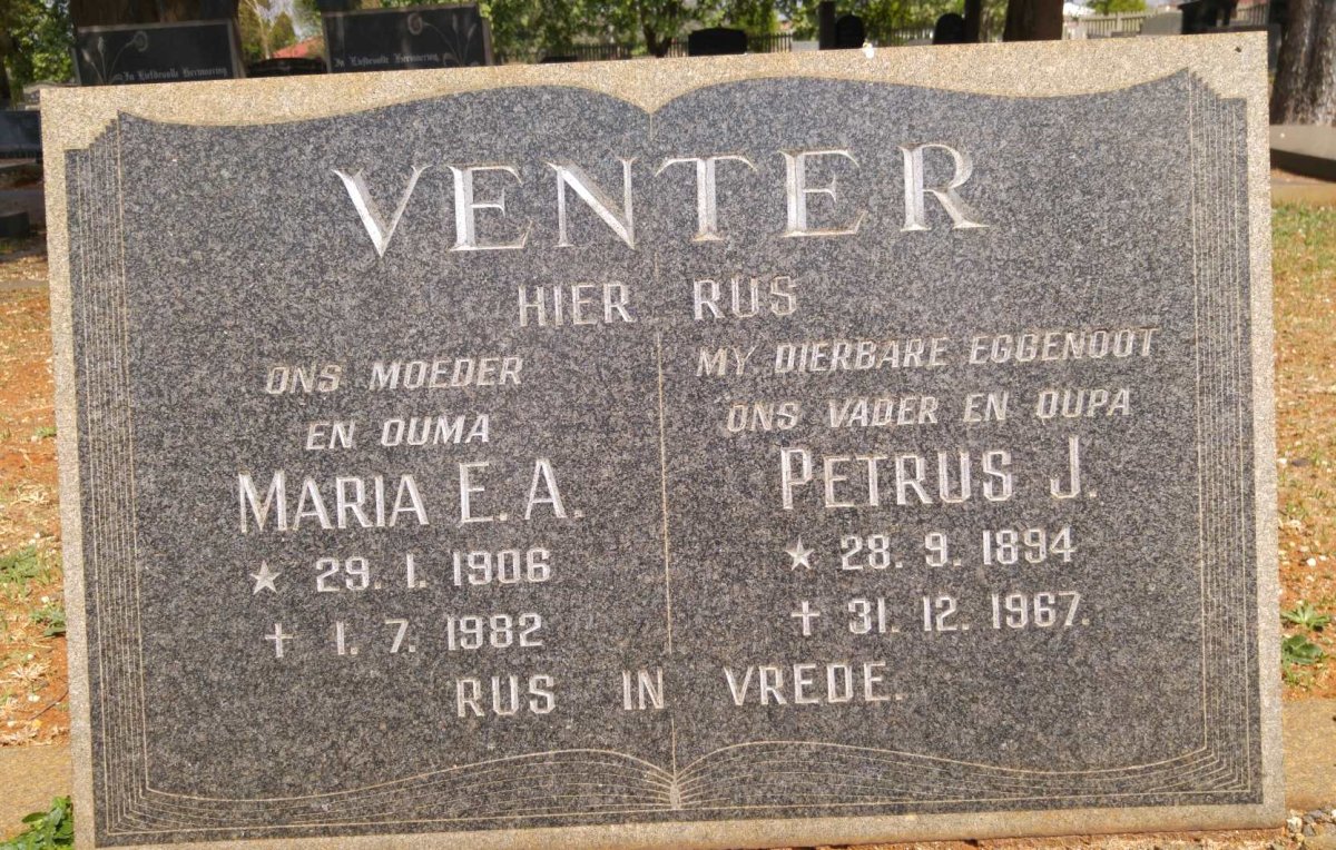 VENTER Petrus J. 1894-1967 &amp; Maria E.A. 1906-1982