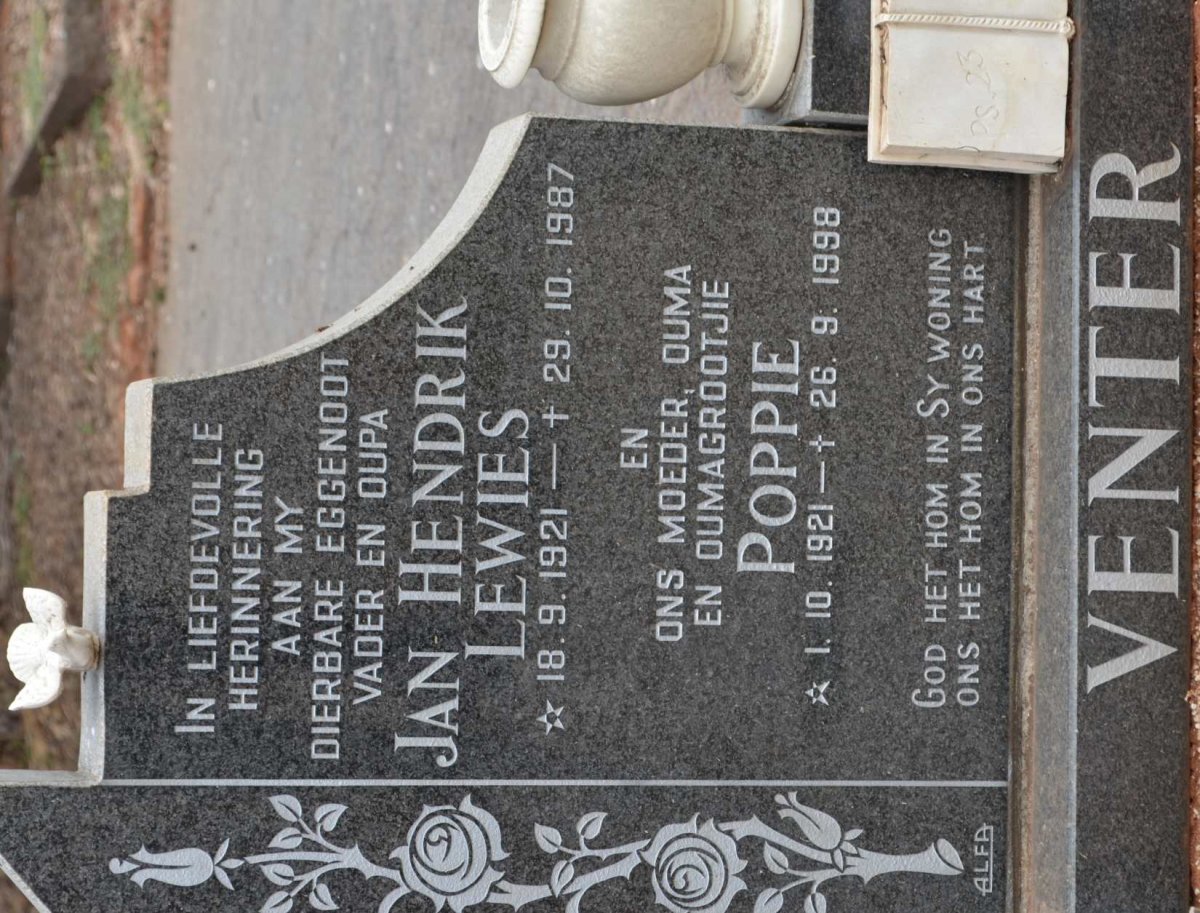 VENTER Jan Hendrik Lewies 1921-1987 &amp; Poppie 1921-1998