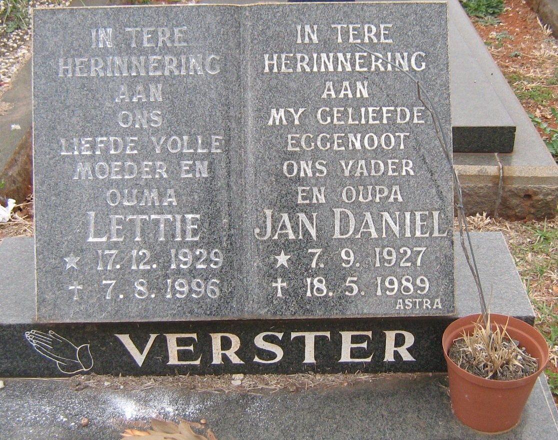 VERSTER Jan Daniel 1927-1989 &amp; Lettie 1929-1996