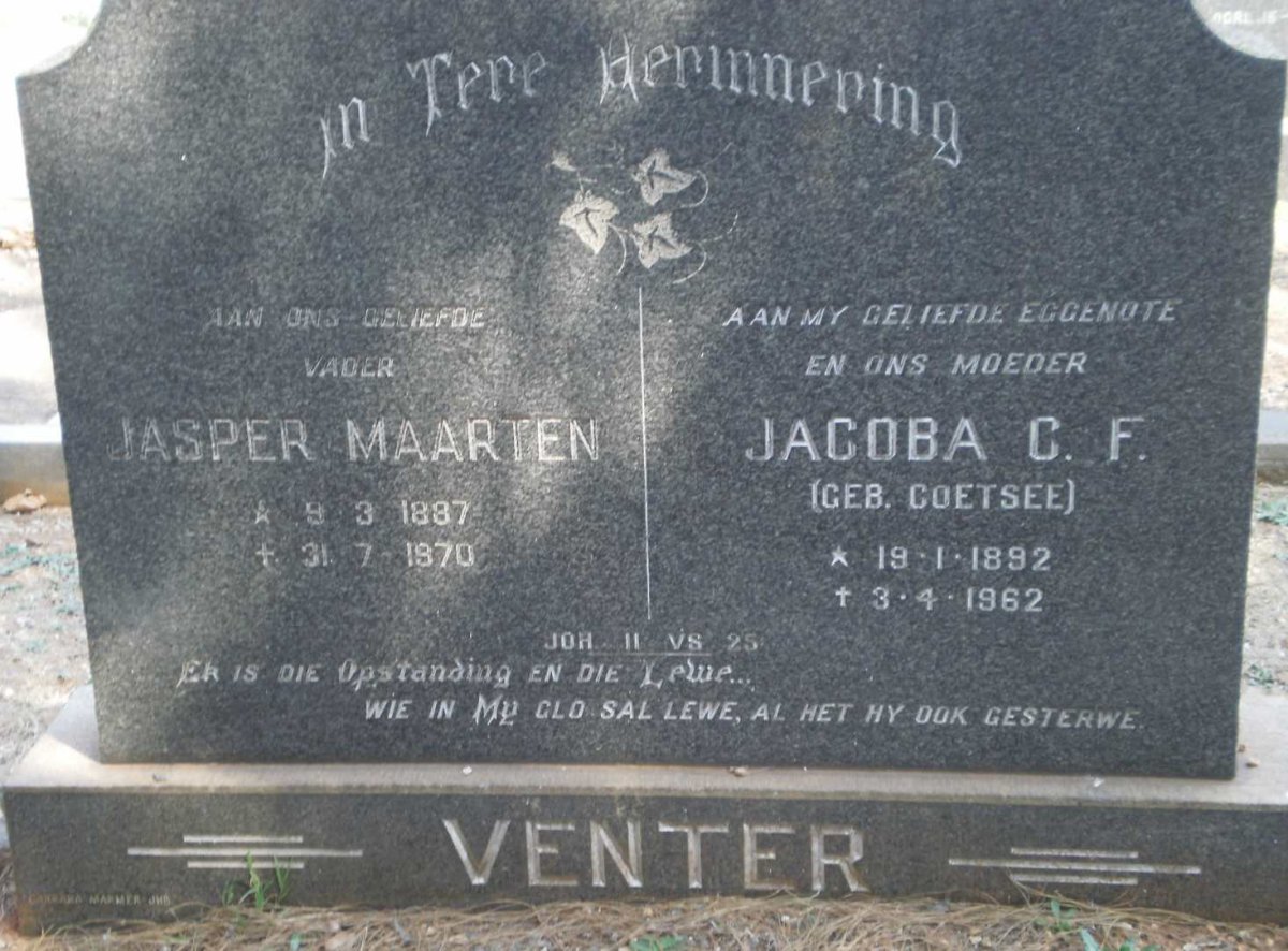 VENTER Jasper Maarten 1887-1970 &amp; Jacoba C.F. COETSEE 1892-1962