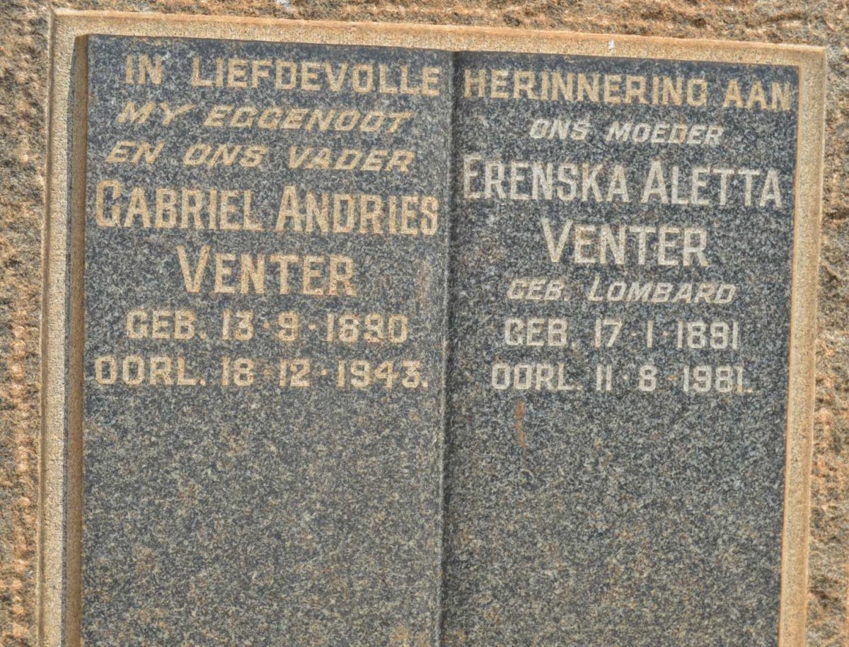 VENTER Gabriel Andries 1890-1943 &amp; Erenska Aletta LOMBARD 1891-1981