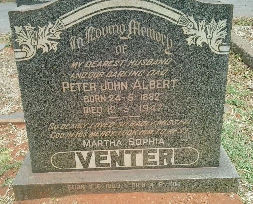 VENTER Peter John Albert 1882-1947 &amp; Martha Sophia 1889-1961
