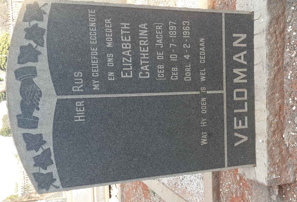 VELDMAN Elizabeth Catherina nee DE JAGER 1897-1963