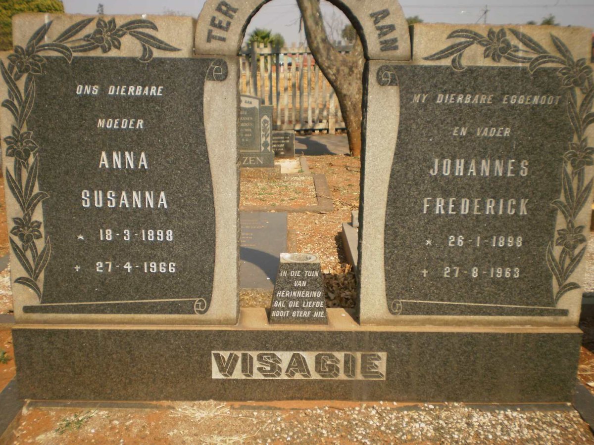 VISAGIE Johannes Frederick 1898-1963 &amp; Anna Susanna 1898-1966