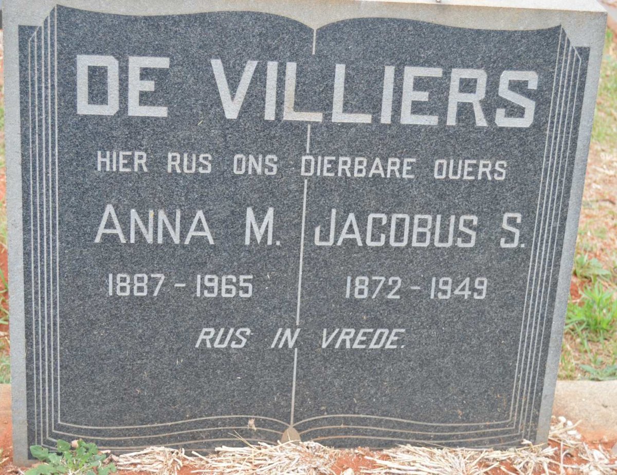 VILLIERS Jacobus S., de 1872-1949 &amp; Anna M. 1887-1965