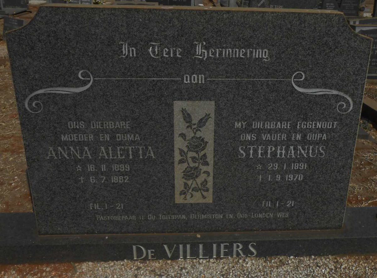 VILLIERS Stephanus, de 1891-1970 &amp; Anna Aletta 1899-1982
