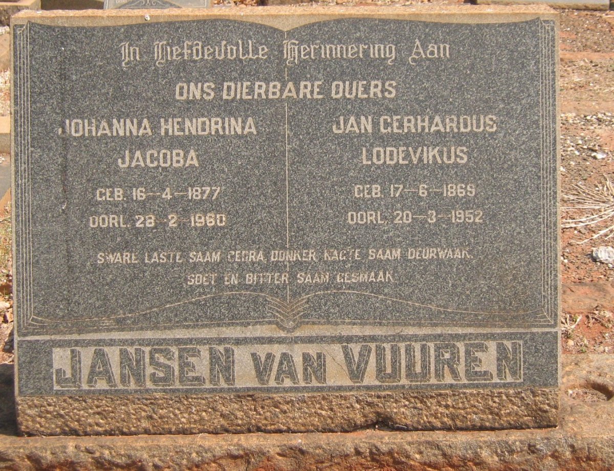 VUUREN Jan Gerhardus Lodevikus, Jansen van 1869-1952 &amp; Johanna Hendrina Jacoba 1877-1960