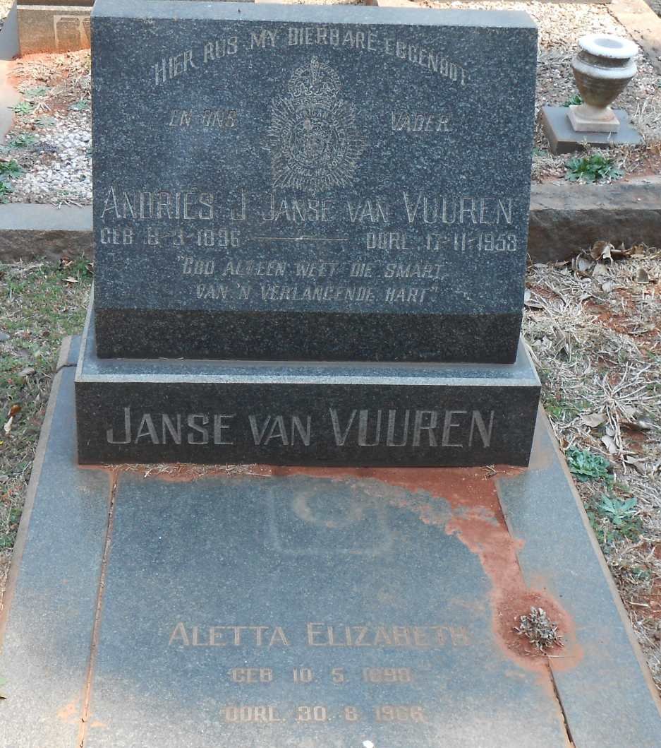 VUUREN Andries J., Janse van 1896-1953 &amp; Aletta Elizabeth 1898-19?6