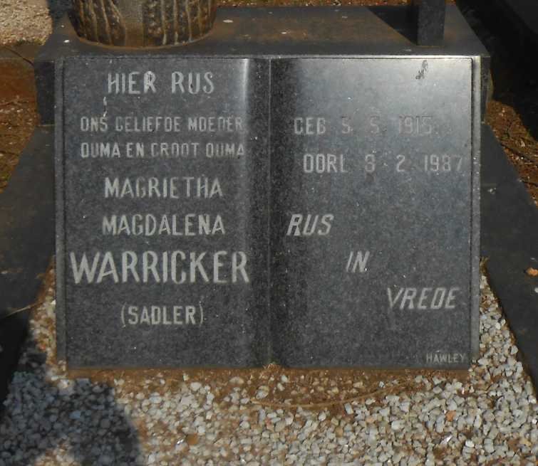 WARRICKER Magrietha Magdalena, nee SADLER 1915-1987