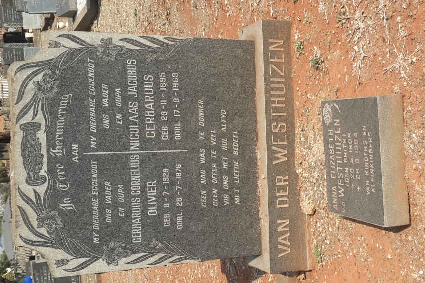 WESTHUIZEN Nicolaas Jacobus Gerhardus 1895-1969 &amp; Anna Elizabeth BRITS 1908-1964