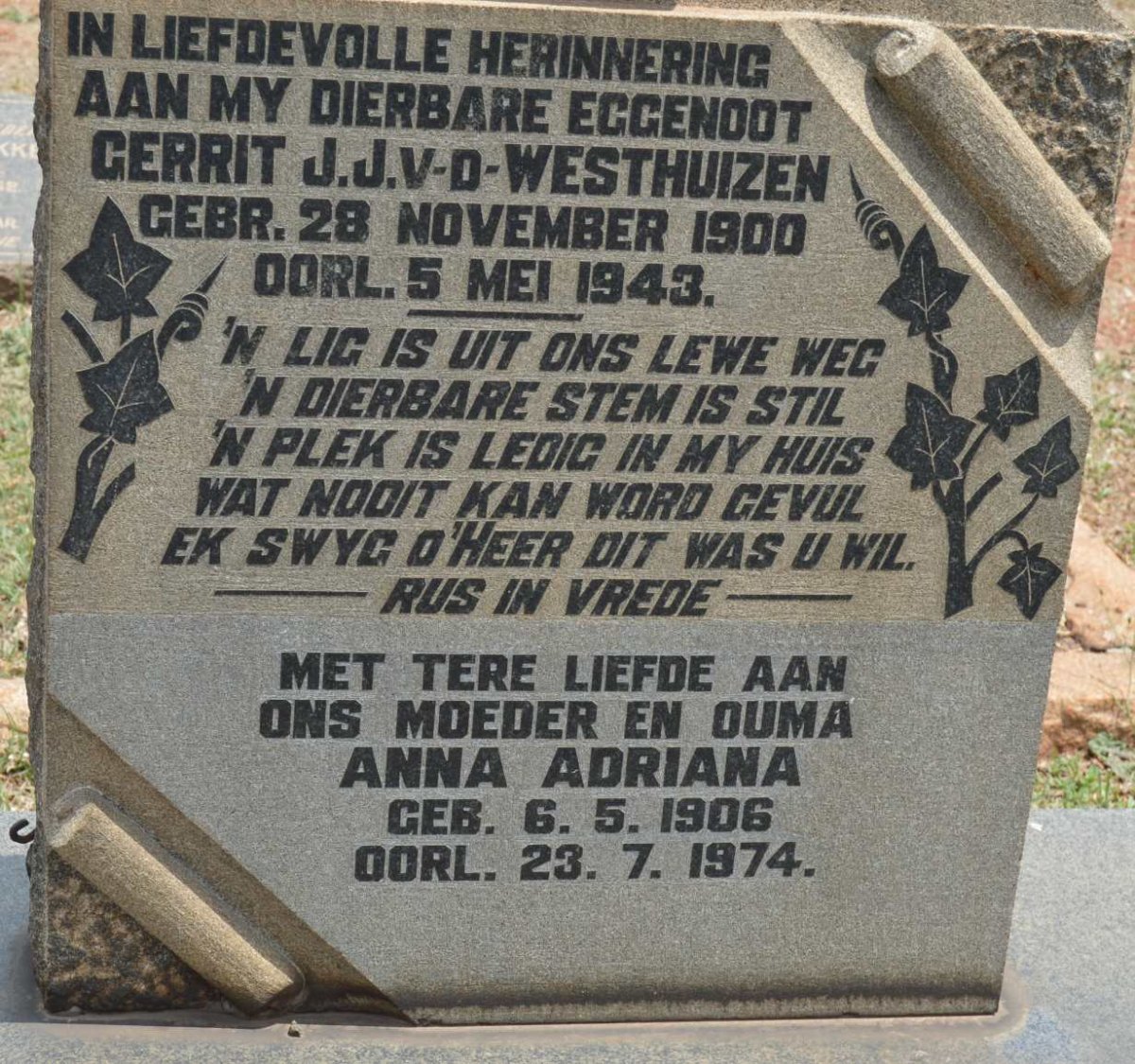 WESTHUIZEN Gerrit J.J., v.d. 1900-1943 &amp; Anna Adriana 1906-1974
