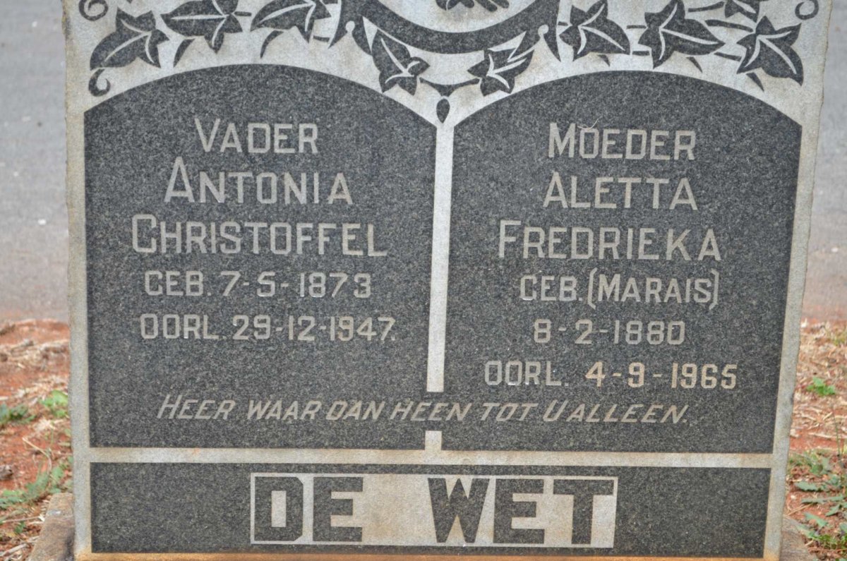 WET Antonia Christoffel, de 1873-1947 &amp; Aletta Fredrieka MARAIS 1880-1965