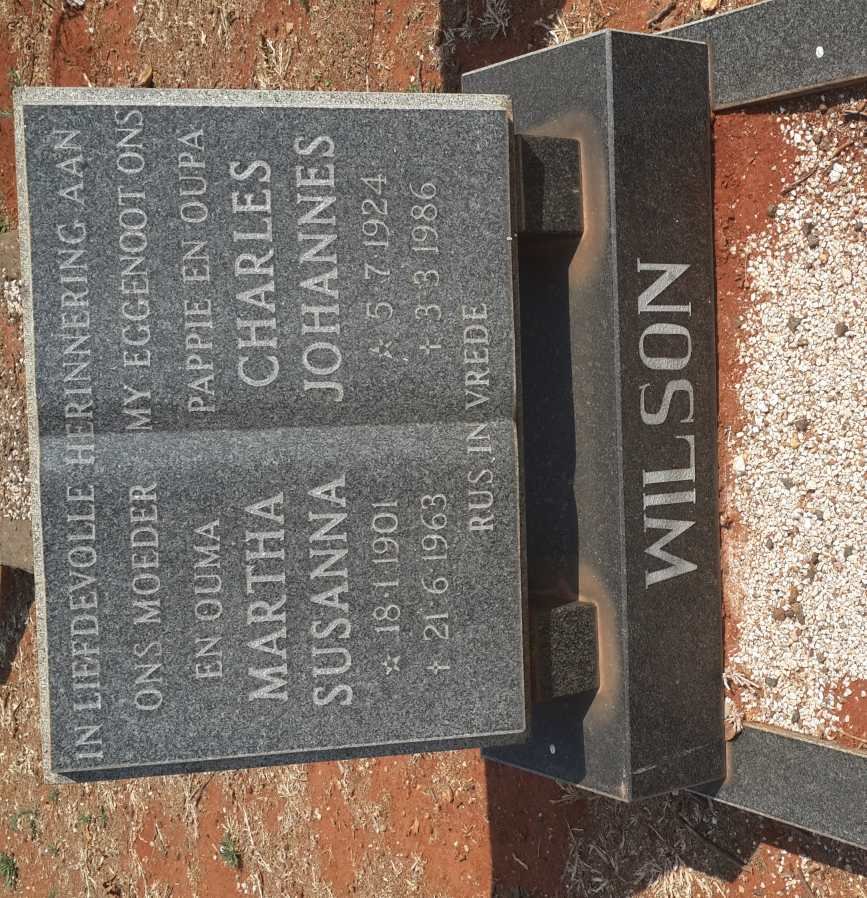 WILSON Charles Johannes 1924-1986 &amp; Martha Susanna 1901-1963