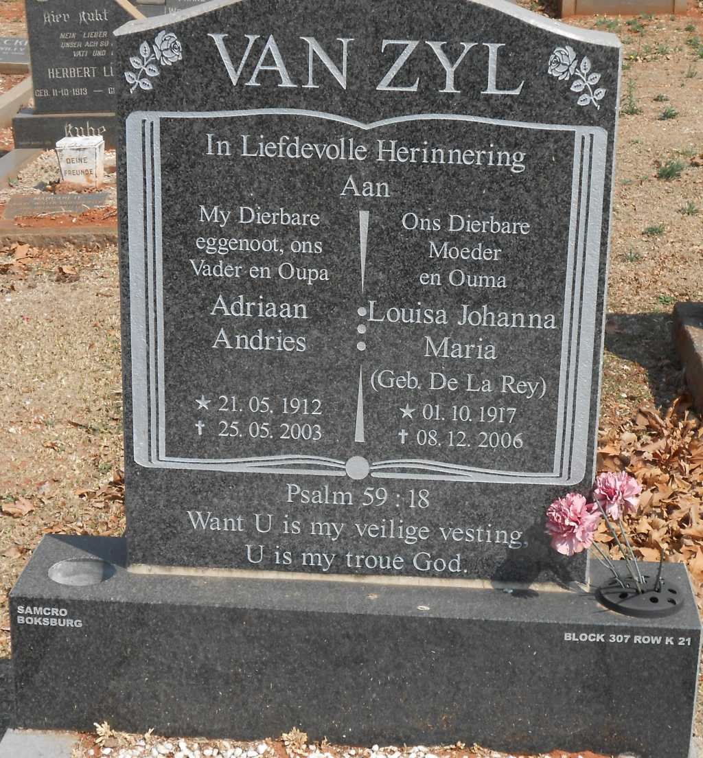 ZYL Adriaan Andries, van 1912-2003 &amp; Louisa Johanna Maria DE LA REY 1917-2006