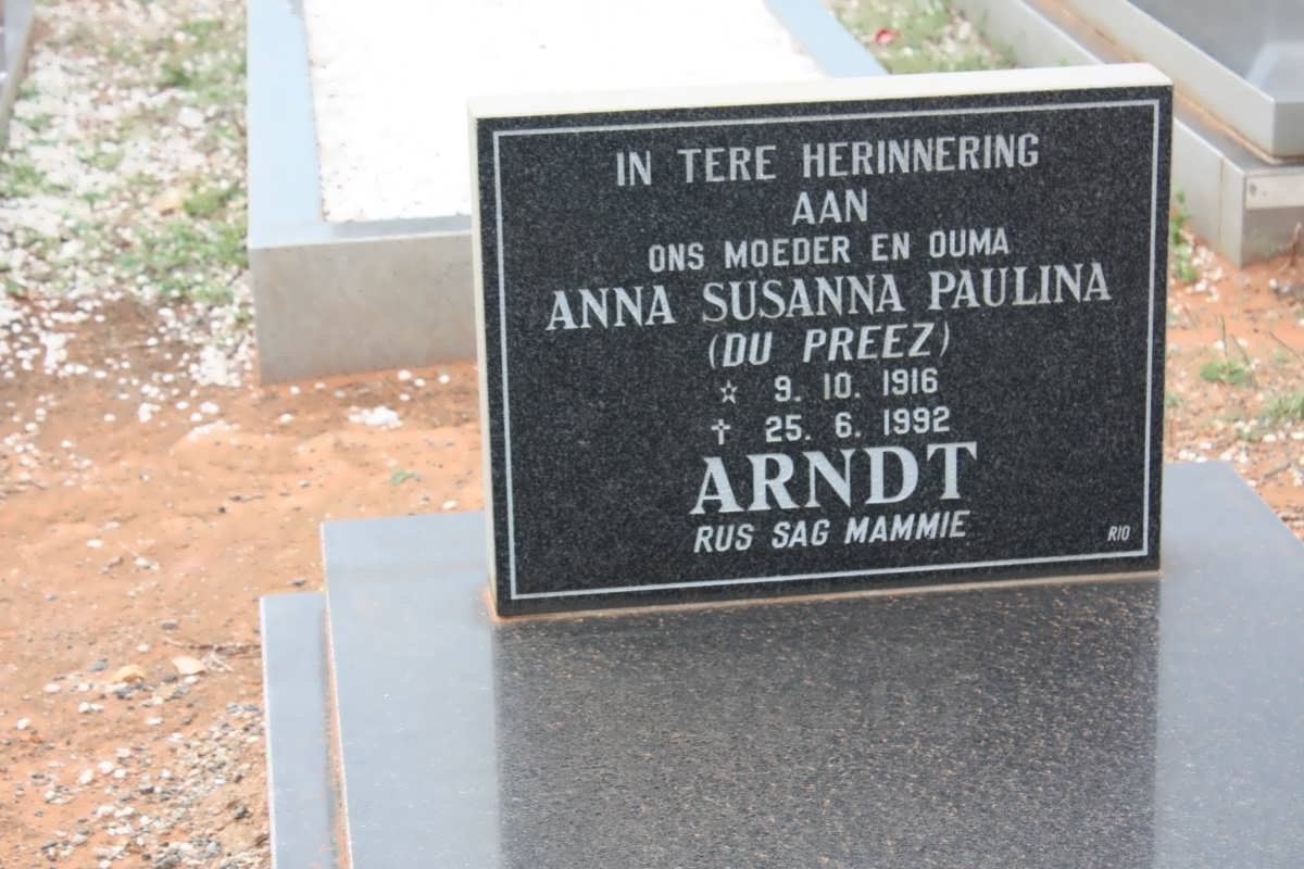 ARNDT Anna Susanna Paulina nee DU PREEZ 1916-1992