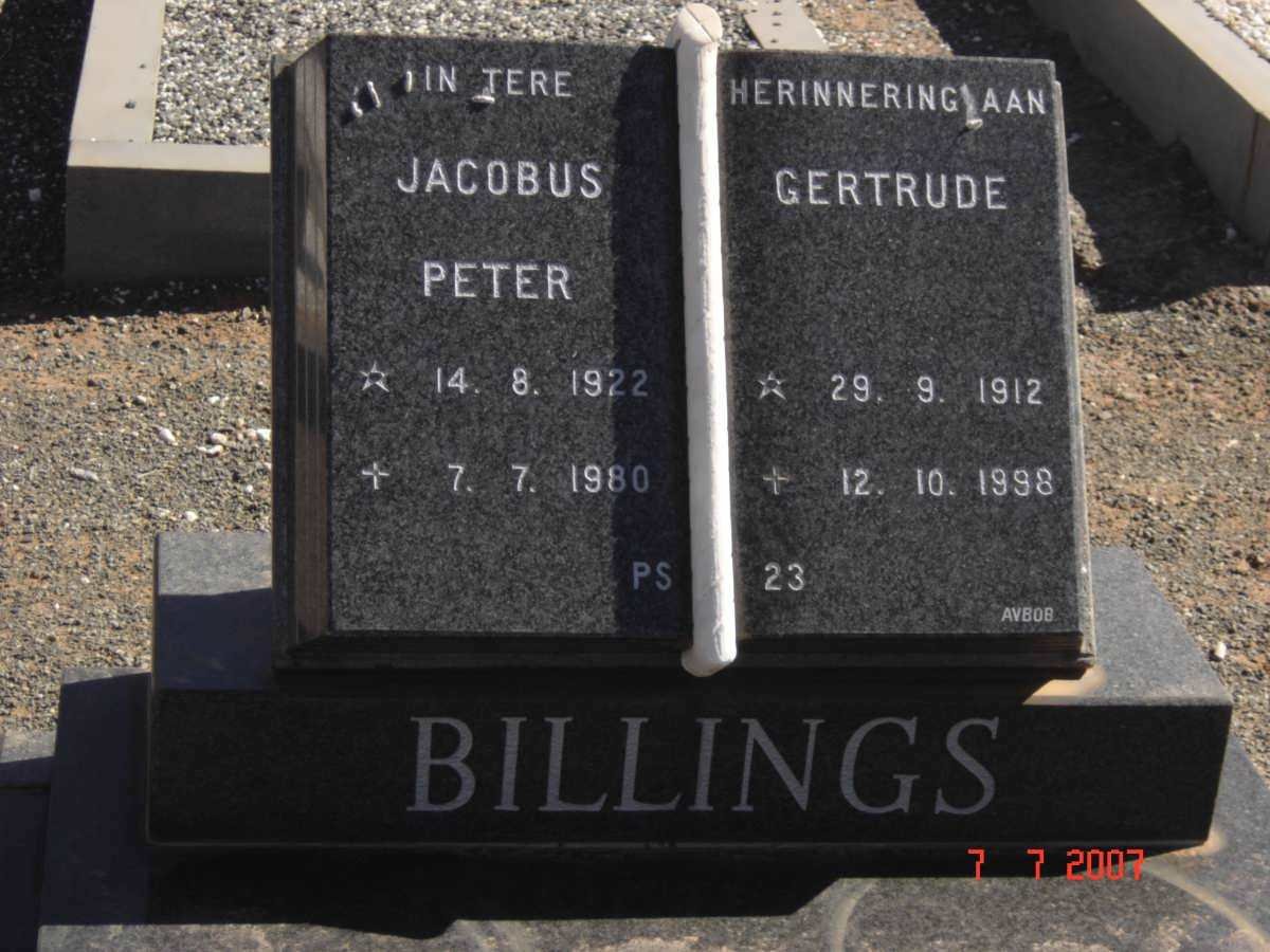BILLINGS Jacobus Peter 1922-1980 &amp; Gertrude 1912-1998