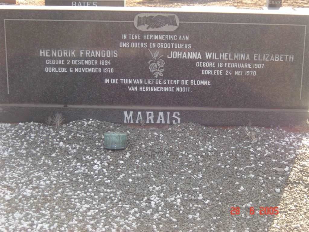 MARAIS Hendrik Francois 1894-1970 &amp; Johanna Wilhelmina Elizabeth 1907-1970