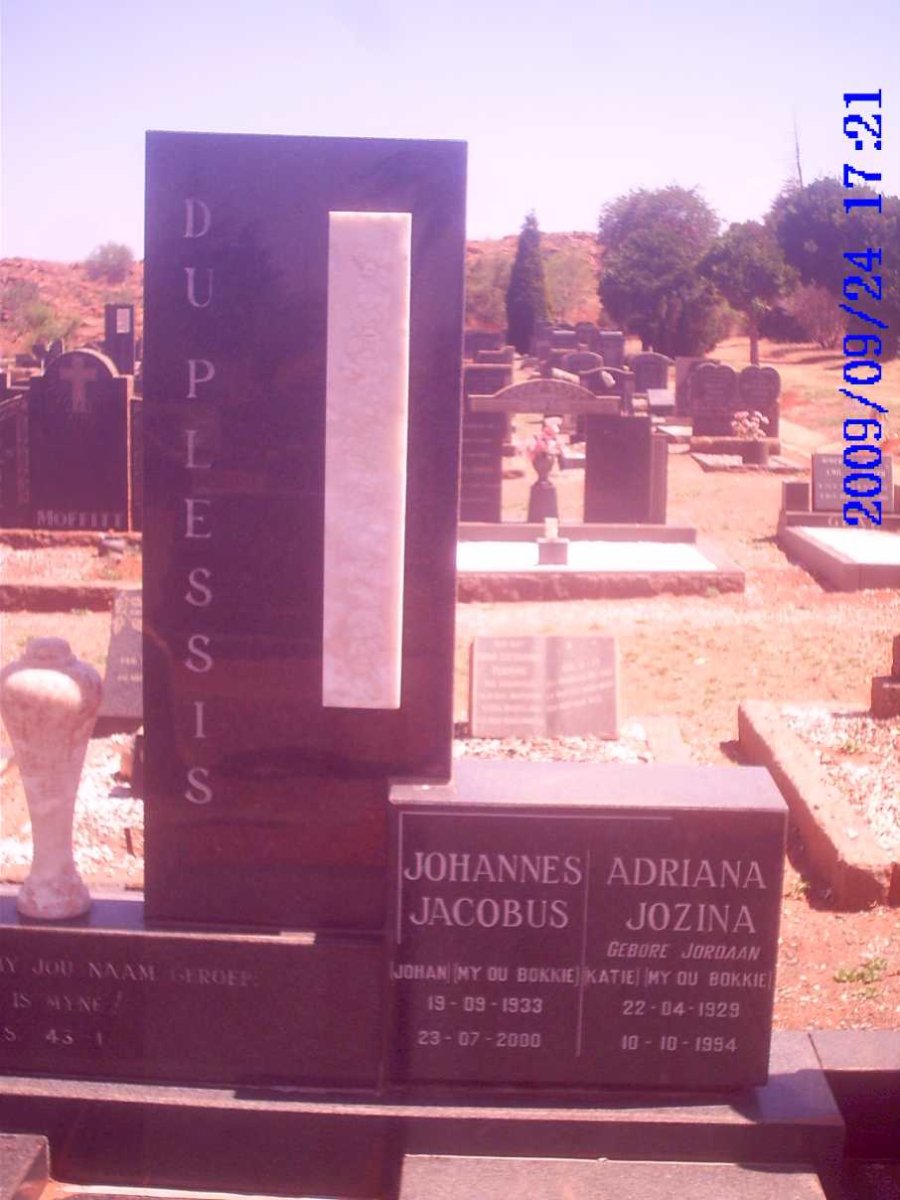 PLESSIS Johannes Jacobus, du 1933-2000 &amp; Adriana Jozina JORDAAN 1929-1994