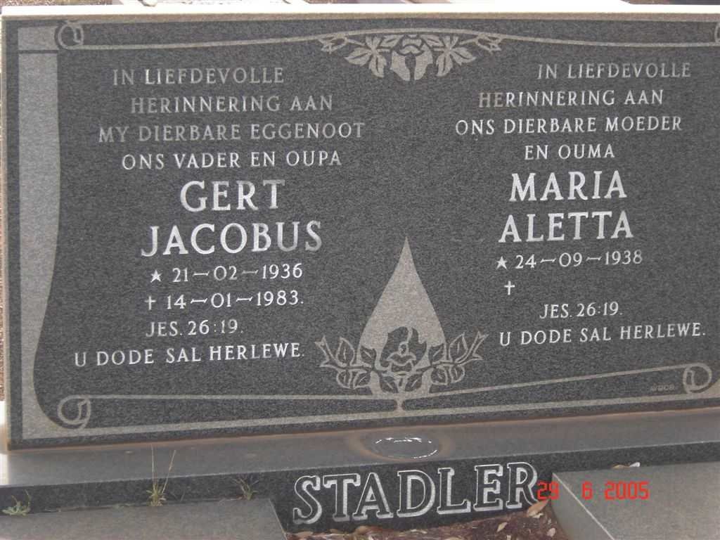 STADLER Gert Jacobus 1936-1983 &amp; Maria Aletta 1938-