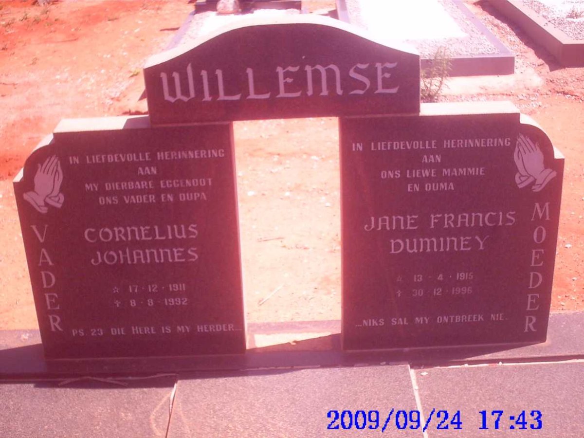 WILLEMSE Cornelius Johannes 1911-1992 &amp; Jane Francis DUMINEY 1915-1996