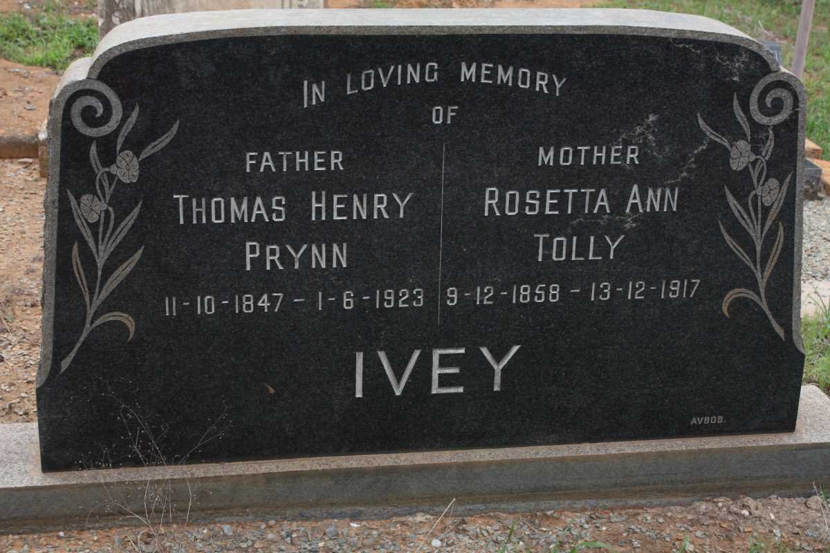 IVEY Thomas Henry Prynn 1847-1923 &amp; Rosetta Ann Tolly 1858-1917
