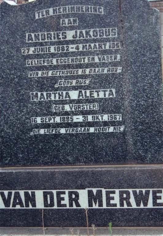 MERWE Andries Jakobus, van der 1882-1951 &amp; Martha Aletta VORSTER 1885-1967