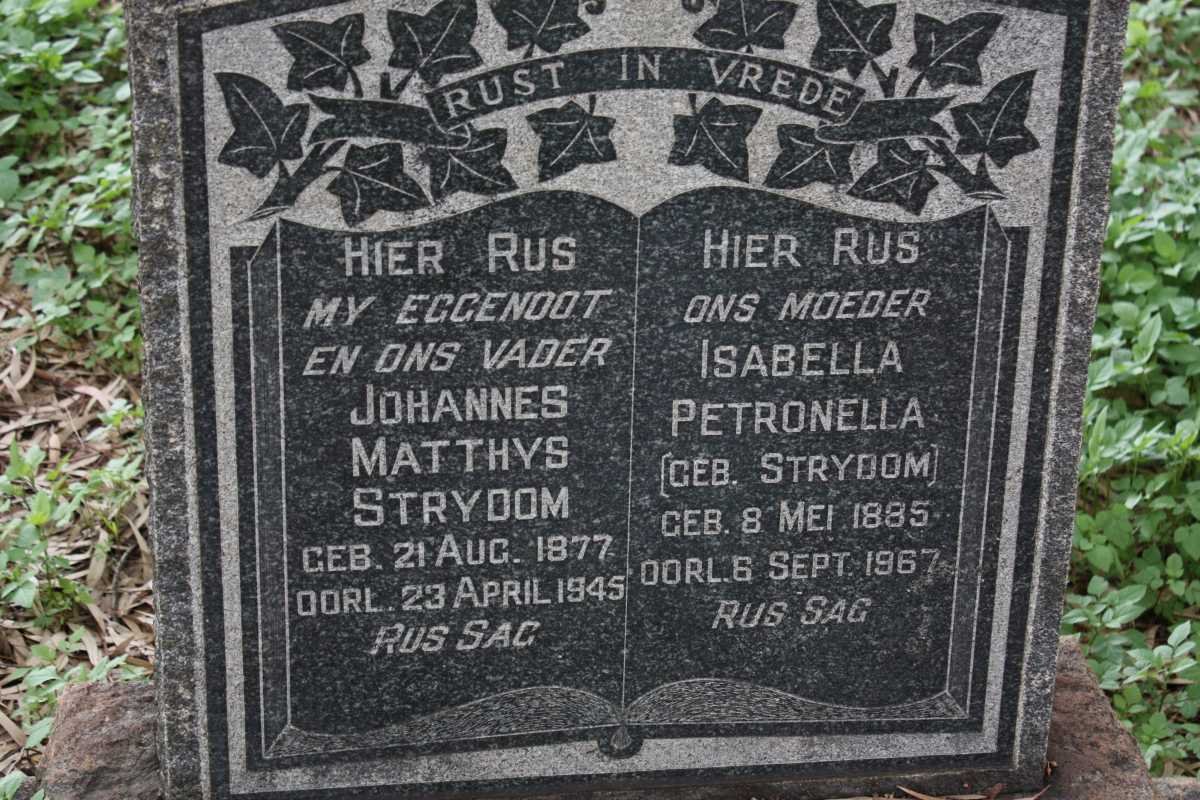 STRYDOM Johannes Matthys 1877-1945 &amp; Isabella Petronella nee STRYDOM 1885-1967