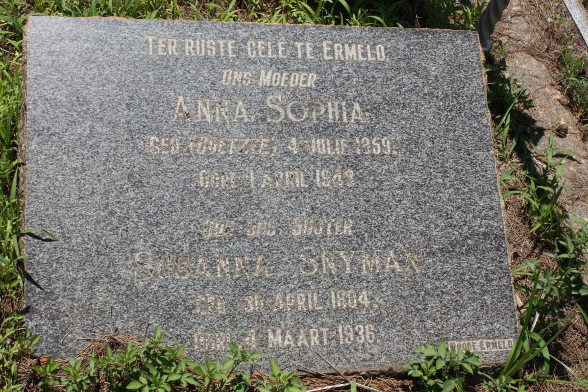 SNIJMAN Anna Sophia nee COETZEE 1859-1943 :: SNYMAN Susanna 1894-1936