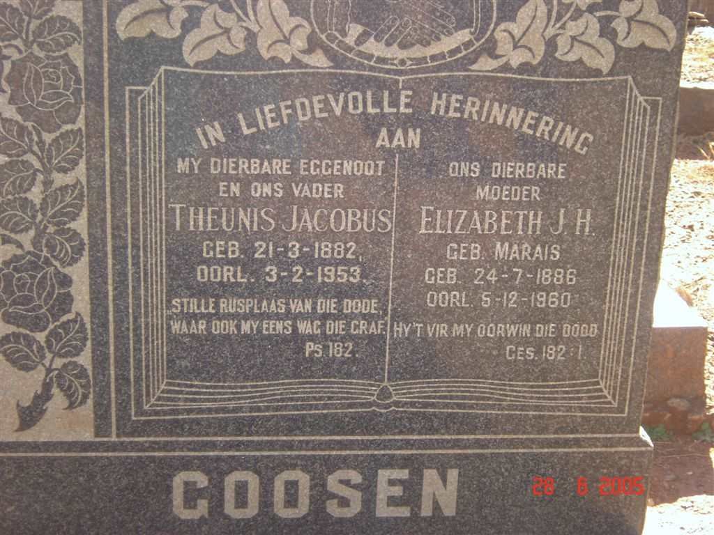 GOOSEN Theunis Jacobus 1882-1953 &amp; Elizabeth J.H. MARAIS 1886-1960