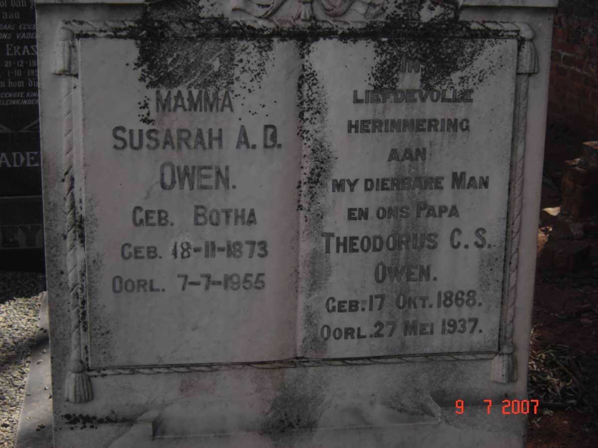 OWEN Theodorus C.S. 1868-1937 &amp; Susarah A.D. BOTHA 1873-1955