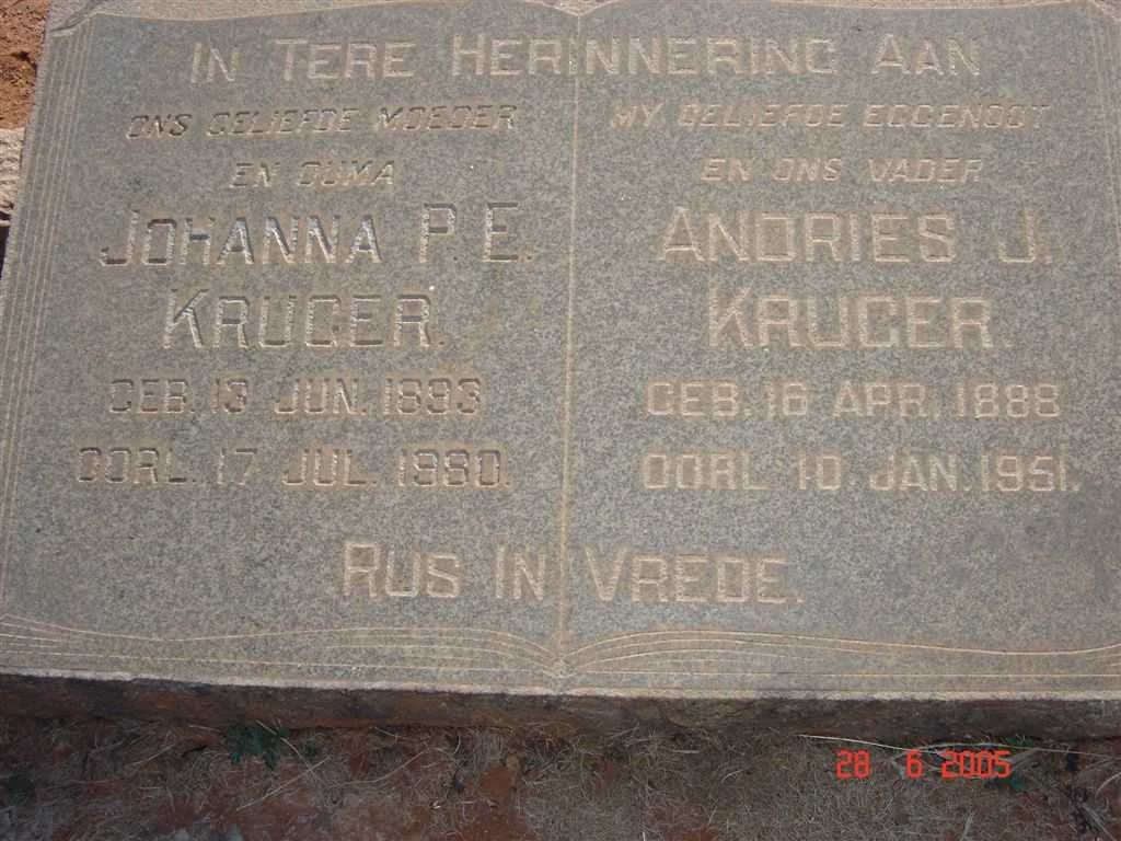 KRUGER Andries J. 1888-1951 &amp; Johanna P.E. 1893-1980