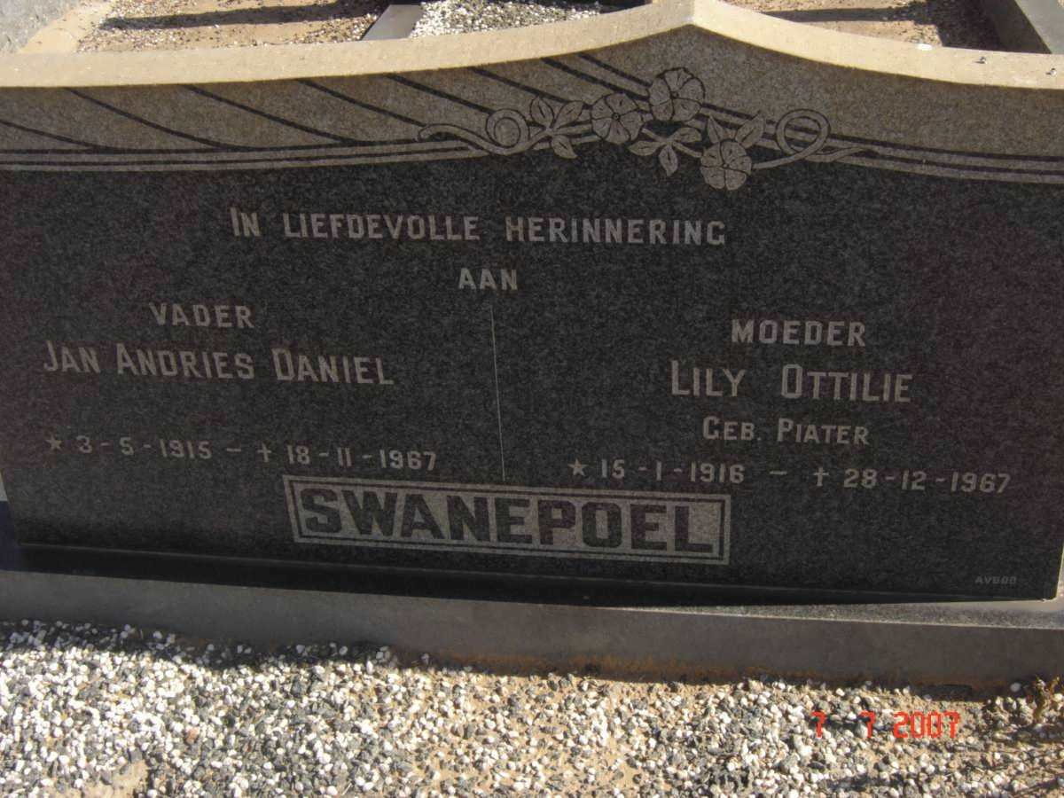 SWANEPOEL Jan Andries Daniel 1915-1967 &amp; Lily Ottilie PIATER 1916-1967