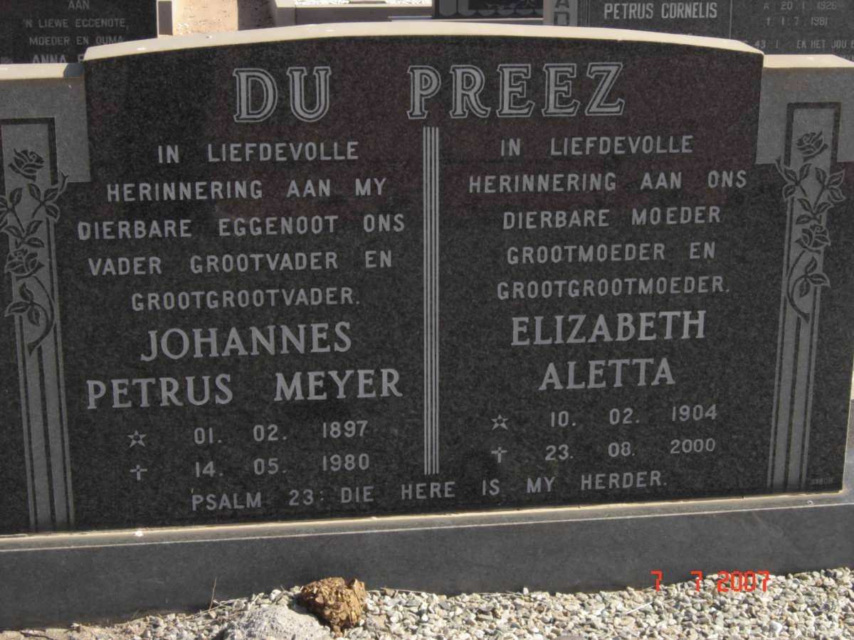 PREEZ Johannes Petrus Meyer, du 1897-1980 &amp; Elizabeth Aletta 1904-2000