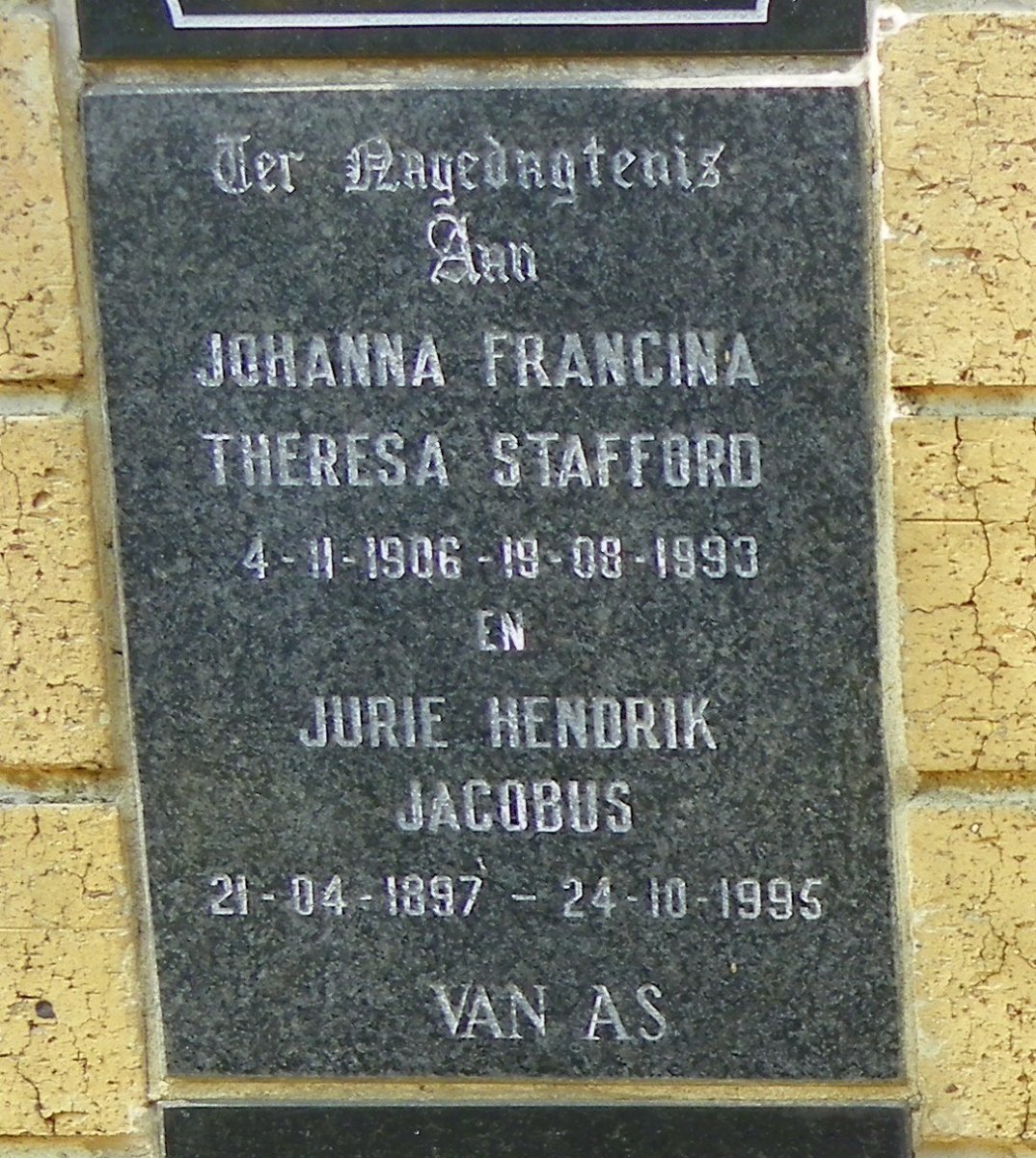 AS Jurie Hendrik Jacobus, van 1897-1995 &amp; Johanna Francina Theresa Stafford 1906-1993