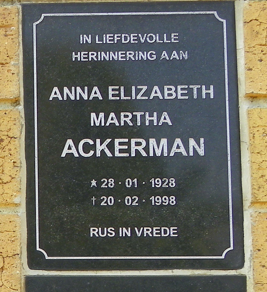 ACKERMAN Anna Elizabeth Martha 1928-1998