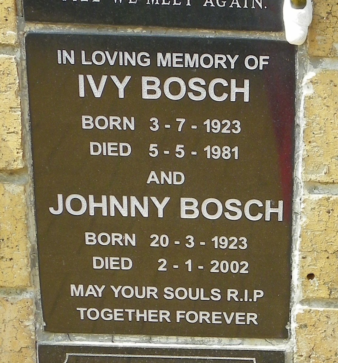 BOSCH Johnny 1923-2002 &amp; Ivy 1923-1981