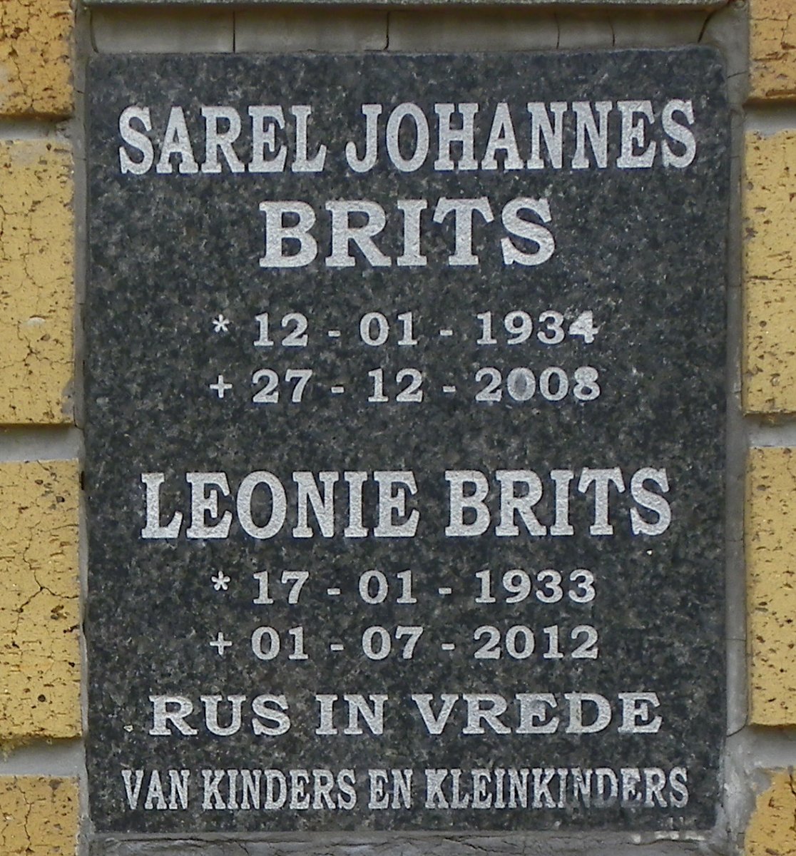 BRITS Sarel Johannes 1934-2008 &amp; Leonie 1933-2012