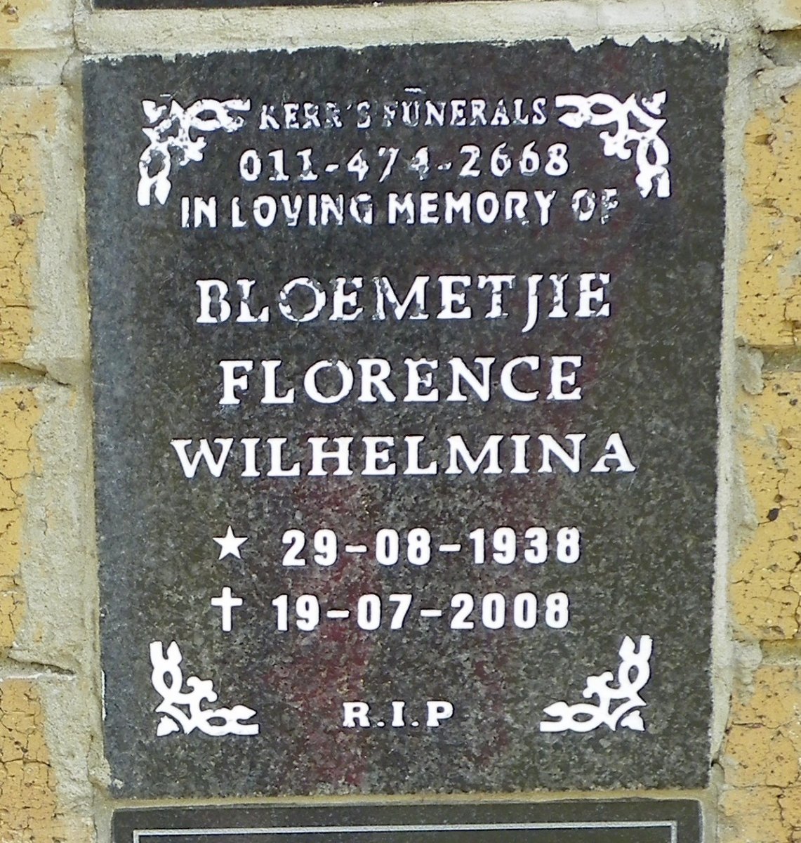 BLOEMETJIE Florence Wilhelmina 1938-2008