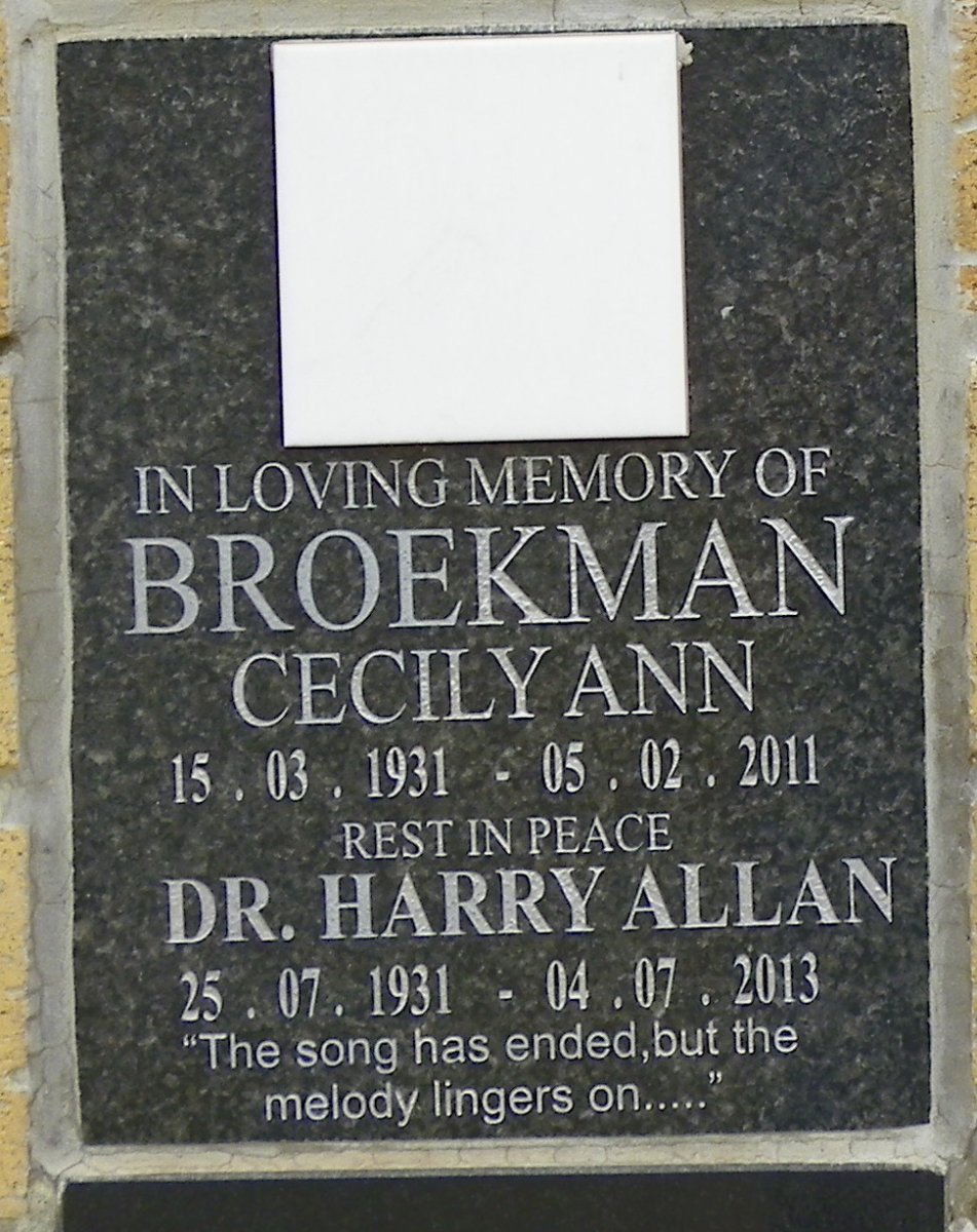 BROEKMAN Harry Allan 1931-2013 &amp; Cecily Ann 1931-2011