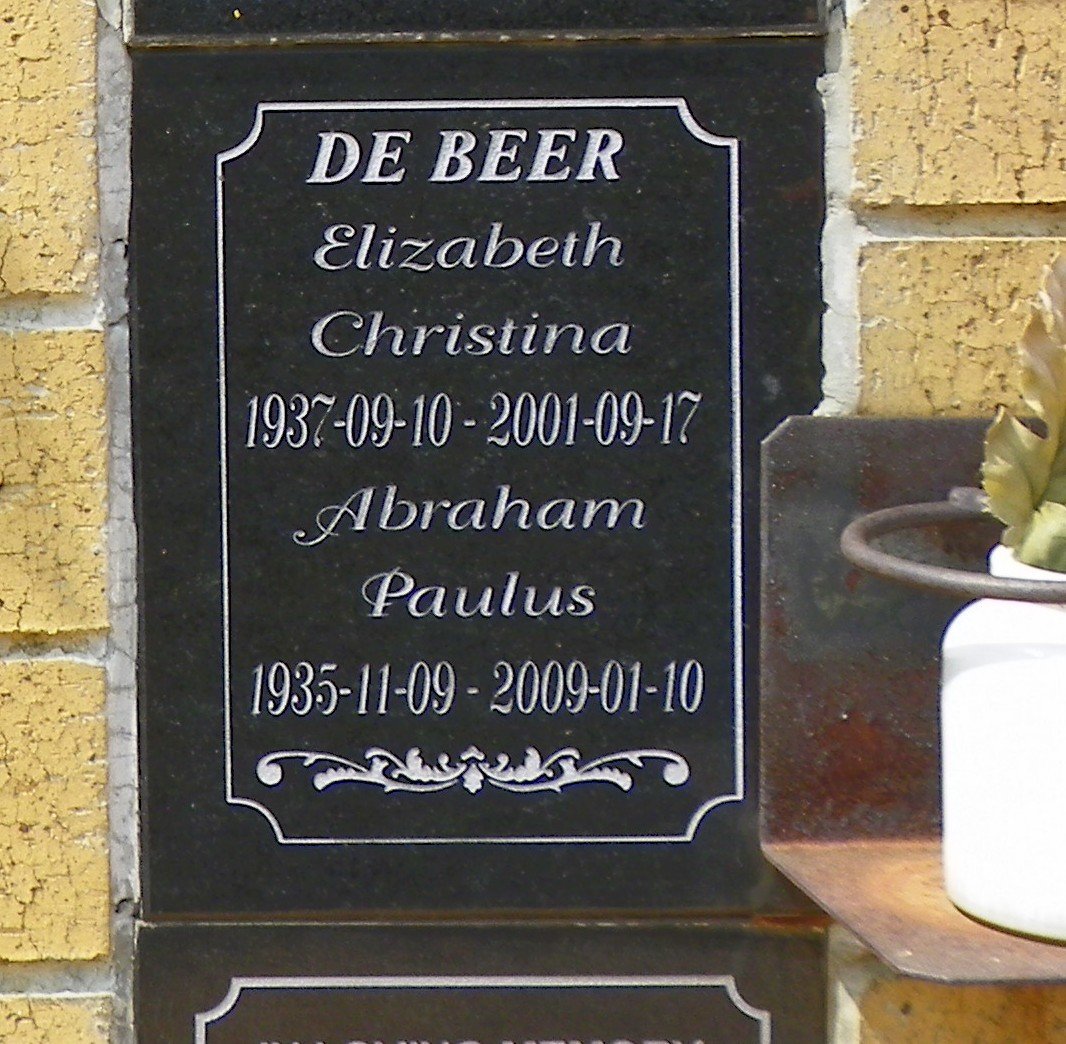 BEER Abraham Paulus, de 1935-2009 &amp; Elizabeth Christina 1937-2001