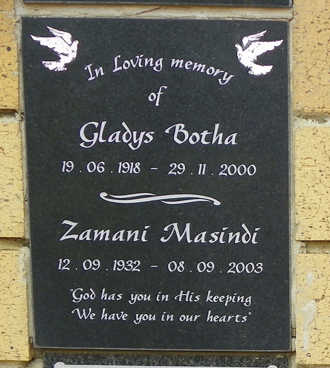 BOTHA Gladys 1918-2000 :: MASINDI Zamani 1932-2003