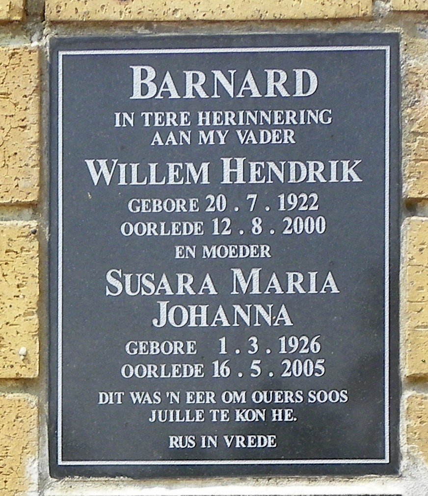 BARNARD Willem Hendrik 1922-2000 &amp; Susara Maria Johanna 1926-2005